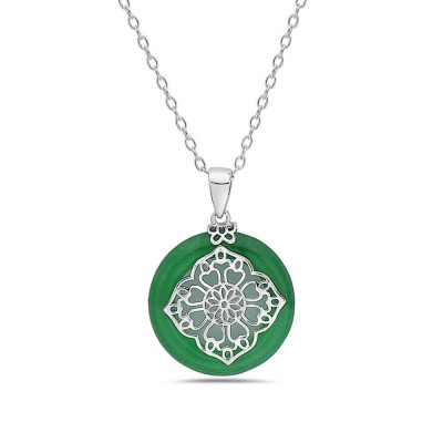 Sterling Silver NECKLACE BURMESE GREEN JADE DONUT FLOWER FILIGR