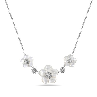 Sterling Silver NECKLACE THREE MOTHER OF PEARL FLOWERS CZ CENTE