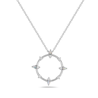 Sterling Silver NECKLACE CIRCLE WHITE OPAL ROTATING WITH Cubic Zirconia