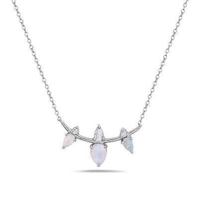 Sterling Silver NECKLACE ARC LINE 3 TEARDROP WHITE OPAL WITH Cubic Zirconia