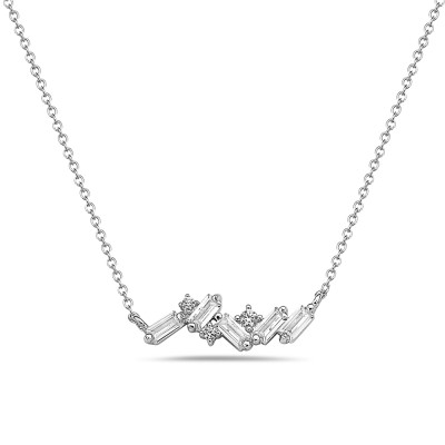 Sterling Silver NECKLACE BAGUETTE CLEAR Cubic Zirconia IN CROOKED LINE