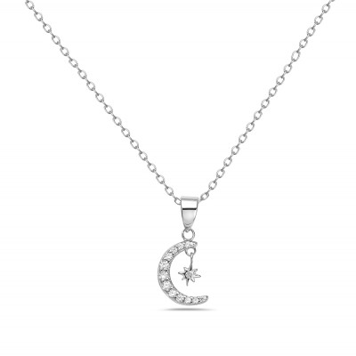 Sterling Silver NECKLACE CRESCENT MOON WITH STAR SWAROVSKI CZ