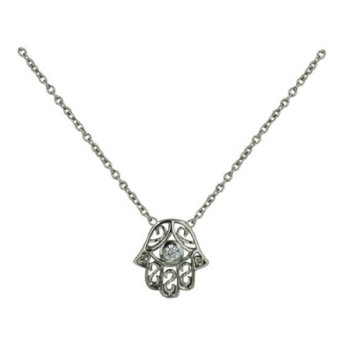 Sterling Silver Necklace 16 In. 1 Pc Clear Cubic Zirconia Hamsa