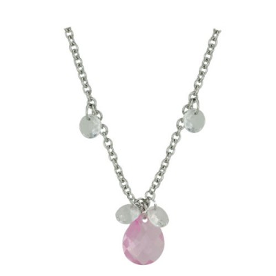 Sterling Silver Necklace Chess Cut Tear Drop Pink Cubic Zirconia+4 Small Clear Cubic Zirconia