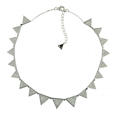 Sterling Silver Necklace 17'' Clear Cubic Zirconia Triangles Bezel Set--Rhodium Plating/Nickle Free--