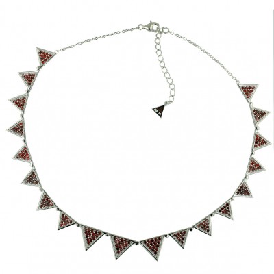 Sterling Silver Necklace 17'' Garnet Cubic Zirconia Triangle Bezel Set--Rhodium Plating/Nickle Free--