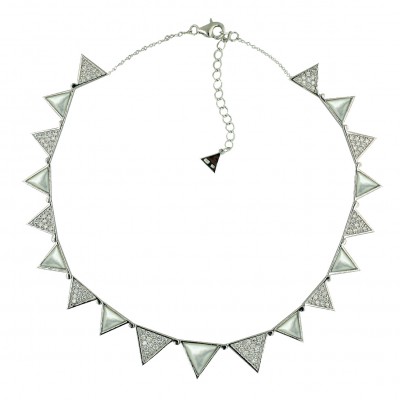 Sterling Silver Necklace 17'' White Mother of Pearl+Clear Cubic Zirconia Triangles Bezel Set-