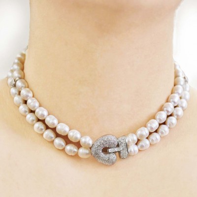 Sterling Silver Necklace 16 In. 2 Strand Fresh Water Pearl with Clear Cubic Zirconia Heart Ctr+Lock