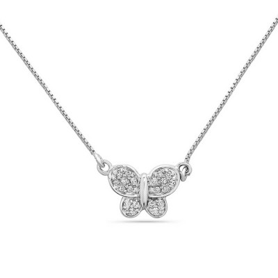 Sterling Silver Necklace 18 In. Clear Cubic Zirconia Butterfly with Box Chain--Rhodium Plating/N