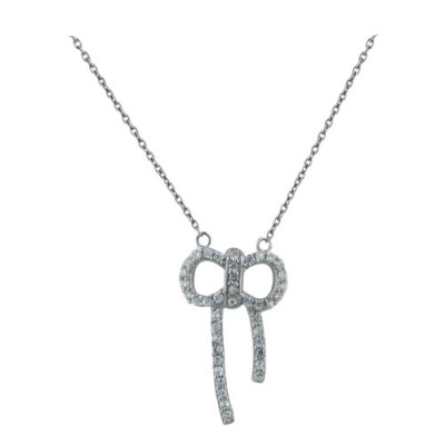 Sterling Silver Necklace 16 I.N+2 In. Ext Clear Cubic Zirconia Open Ribbon--Rhodium Plating/Nickle Free