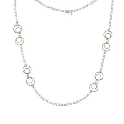 Sterling Silver Necklace 30' Chain with Rhodium Plating+Rg+Gold Plate Textured Laye