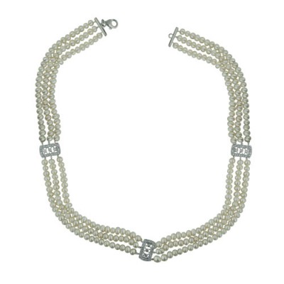 Sterling Silver Necklace 16.5" 3 Strands of Fresh Water Pearl with 3 Filigree Rectan