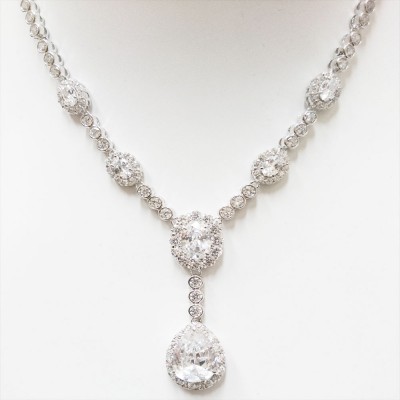 Sterling Silver Necklace 8-12mm Clear Cubic Zirconia+12-16mm Clear Cubic Zirconia