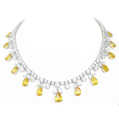 Sterling Silver Necklace Yellow Tear Drop with Clear Cubic Zirconia