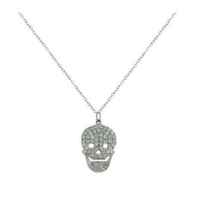 Sterling Silver Necklace Clear Cubic Zirconia Paved Smiling Skull