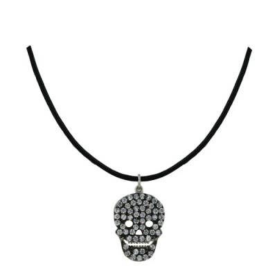 Sterling Silver Necklace Clear Cubic Zirconia Paved Smiling Skull on Black Cord