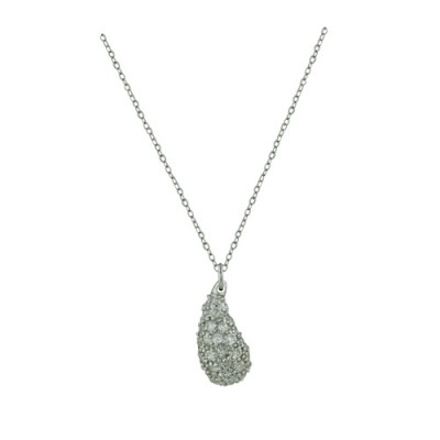 Sterling Silver Necklace Puffy Bent Teardrop Paved in Clear Cubic Zirconia