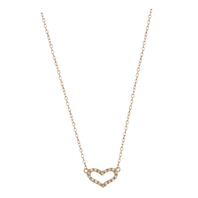 Sterling Silver Necklace Open Flat Rose Gold Heart with Clear Cubic Zirconia