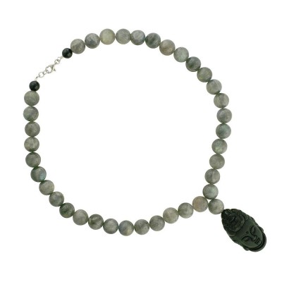 Sterling Silver Necklace Labradorite Bead+Obesidian Guan Yin