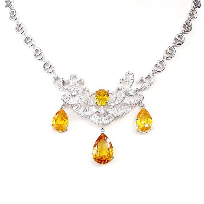 Sterling Silver Necklace Canary Teardrop+Oval Curls with Clear Cubic Zirconia