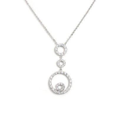 Sterling Silver Necklace Vary Size Circle Plain+Clear Cubic Zirconia-Rhodium Plating-