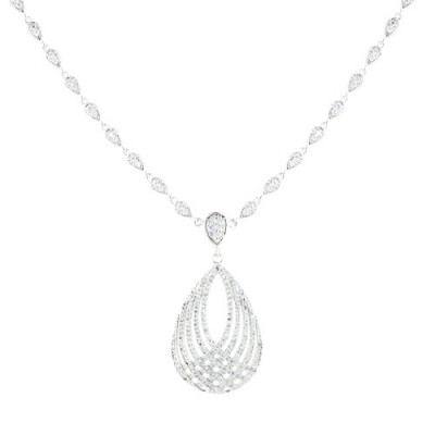 Sterling Silver Necklace Interlocking Clear Cubic Zirconia Wave Forms Tear Drop