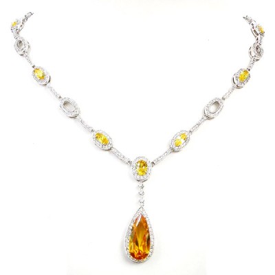Sterling Silver Necklace Yellow Tear Drop with Clear Cubic Zirconia Around