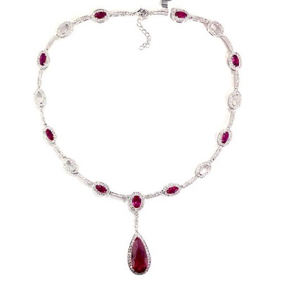 Sterling Silver Necklace Ruby Tear Drop with Clear Cubic Zirconia Around