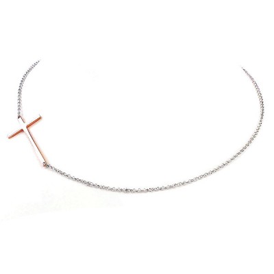 Sterling Silver Necklace Side Way Cross Rhodium Plating Plating
