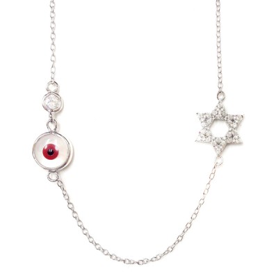 Sterling Silver Necklace Red Eye with Open Clear Cubic Zirconia Star of David