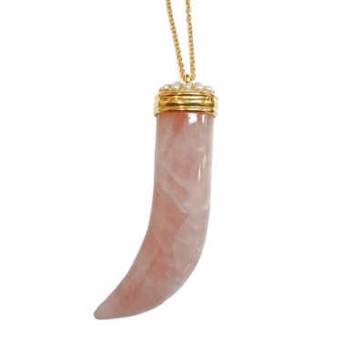 Sterling Silver Necklace Pearl Horn Rose Quartz*Vermeil