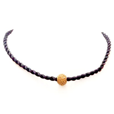 Sterling Silver Necklace Black Silk Twisted Cord Champagne Crystal Ball