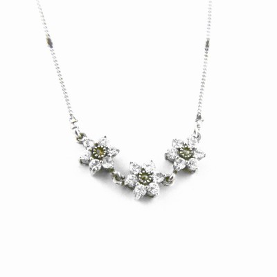 Marcasite NECKLACE TRI FLOWER WITH CLEAR Cubic Zirconia MARCASITE PC CENTER SPOT CHAIN-5M-463CL