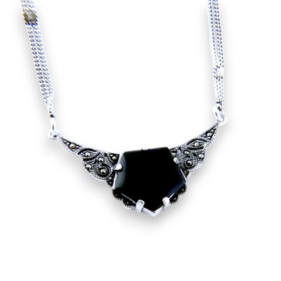 Marcasite NECKLACE ARC WITH PENTAGON BLACK ONYX  DOUBLE S-5M-464N