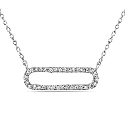 Sterling Silver NECKLACE RECTANGULAR PAVE CZ LINE ROUND CORNER