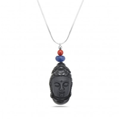 Sterling Silver NECKLACE OBSIDIAN GUAN YIN LAPIS AND CORAL BEADS