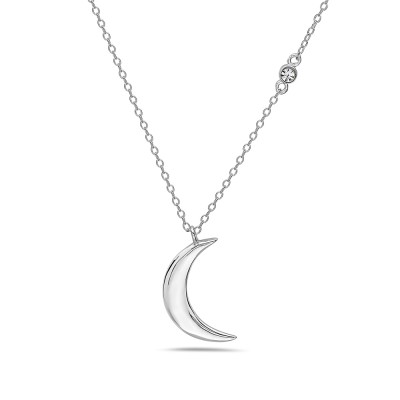 Sterling Silver Necklace Plain Silver Moon with 2.5mm Rd Clear Cubic Zirconia