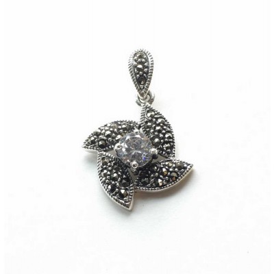 Marcasite Pendant 6mm Clear Cubic Zirconia with 4 Marquis Sided