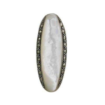 Marcasite Pendant Long Oval White Mother of Pearl with Marcasite both Side
