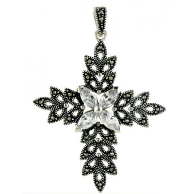 Marcasite Pendant Marquis Cross with 4 Clear Cubic Zirconia Marquis