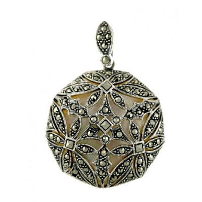 Marcasite Pendant Flower Motif Open Dome with White Mother of Pearl Back