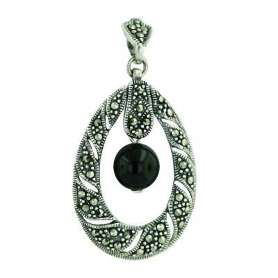 Marcasite Pendant Twisted Marcasite Open Tear Drop with 8mm Onyx Ball