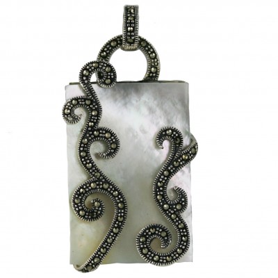 Marcasite Pendant 36X25mm Rectangular White Mother of Pearl+Marcasite Swirl