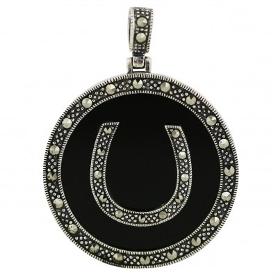 Marcasite Pendant 37.5mm Round Onyx with Marcasite Horseshoe