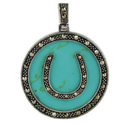 Marcasite Pendant 37.5mm Round Faux Turquoise with Marcasite Horseshoe