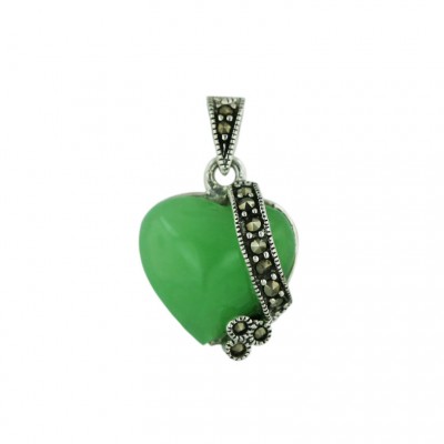 Marcasite Pendant Cabochon Green Jade Puff Heart+Marcasite Lines by