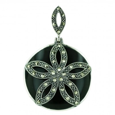 Marcasite Pendant 32mm Round Onyx with Marcasite Flower