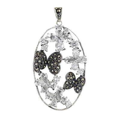 Marcasite Pendant 48X29mm Oval 4 (4Pcs) Petals Clear Cubic Zirconia Flower+But