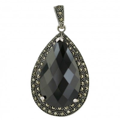 Marcasite Pendant 42X29mm Black Cubic Zirconia Tear Drop Chess Cut with Oxidized