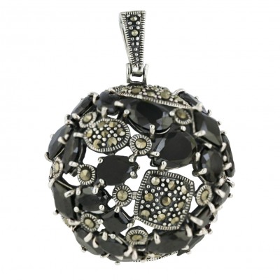 Marcasite Pendant 32mm Black Cubic Zirconia Round with Tear Drop+Rhombus+Marquis+